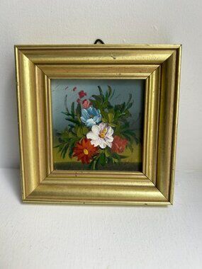 Vintage Gold Framed Miniature Floral Oil Painting Wall Art Signed